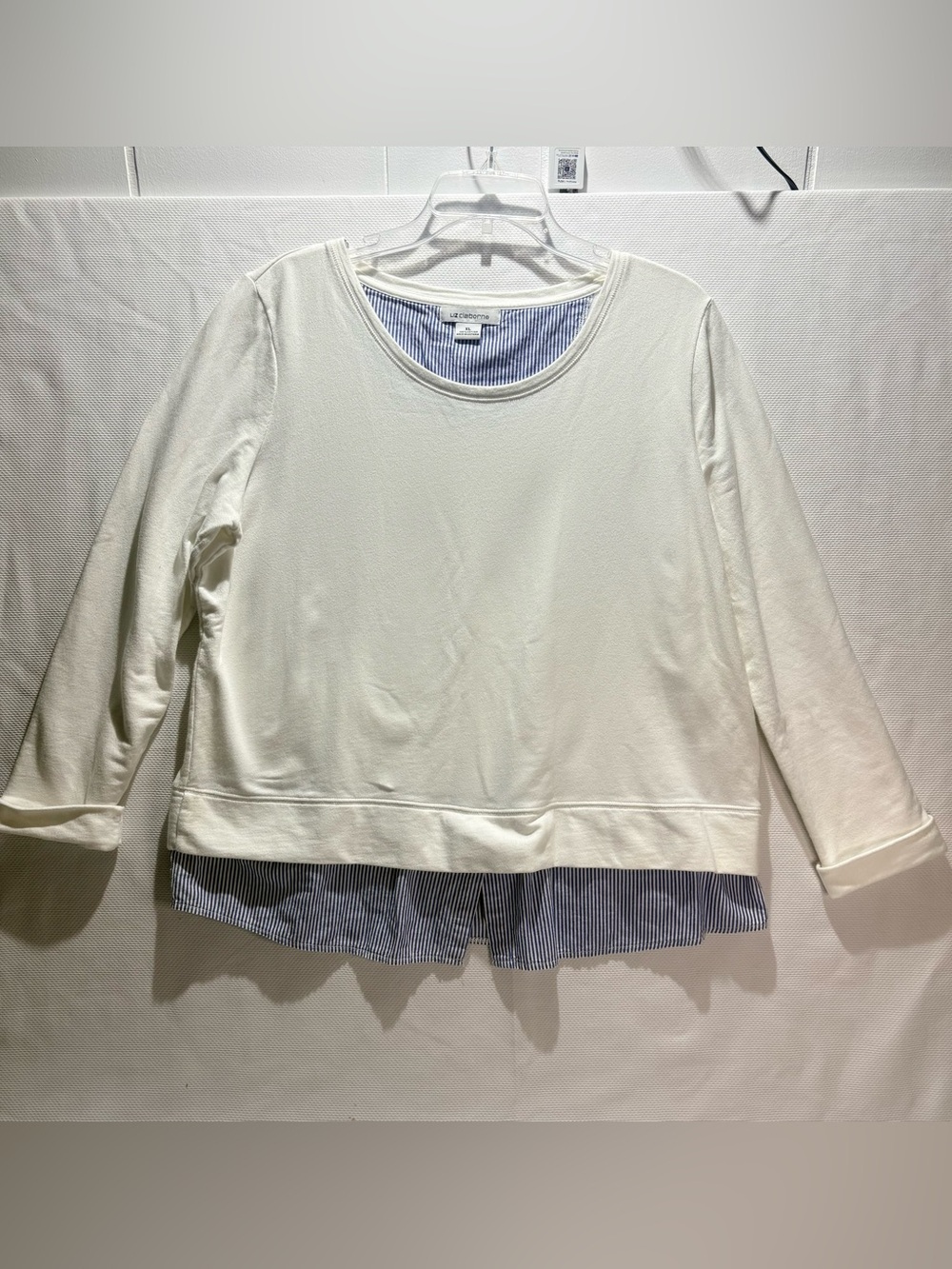 Liz Claiborne Cream Layered-Look Sweatshirt with Blue Pinstripe Hem